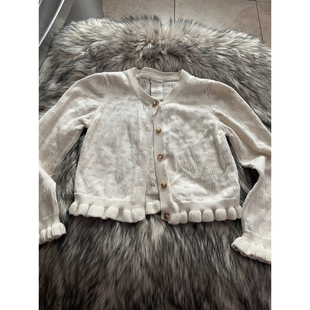 Cynthia Rowley Cardigan Cream Sweater Pointelle knit Ruffled Peplum Hem Size 5T